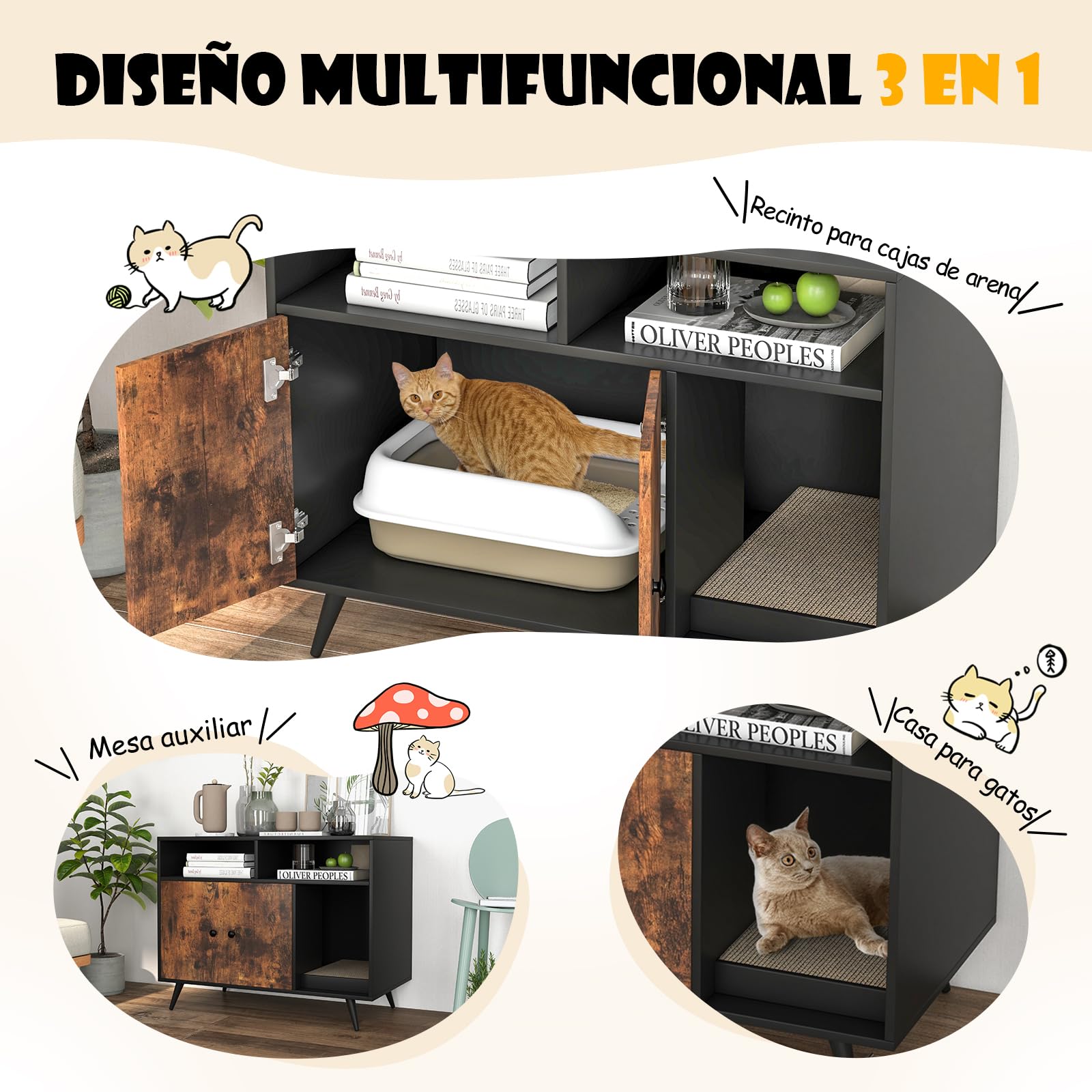 GOPLUS Caja de Arena para Gatos, Mueble Arenero Escondido con Doble Puerta, Compartimentos y Tablero Rasca, Casa de Mascotas de Interior, Lavabo Oculto para Gatos, Estilo Industrial, 90 x 50 x 70 cm
