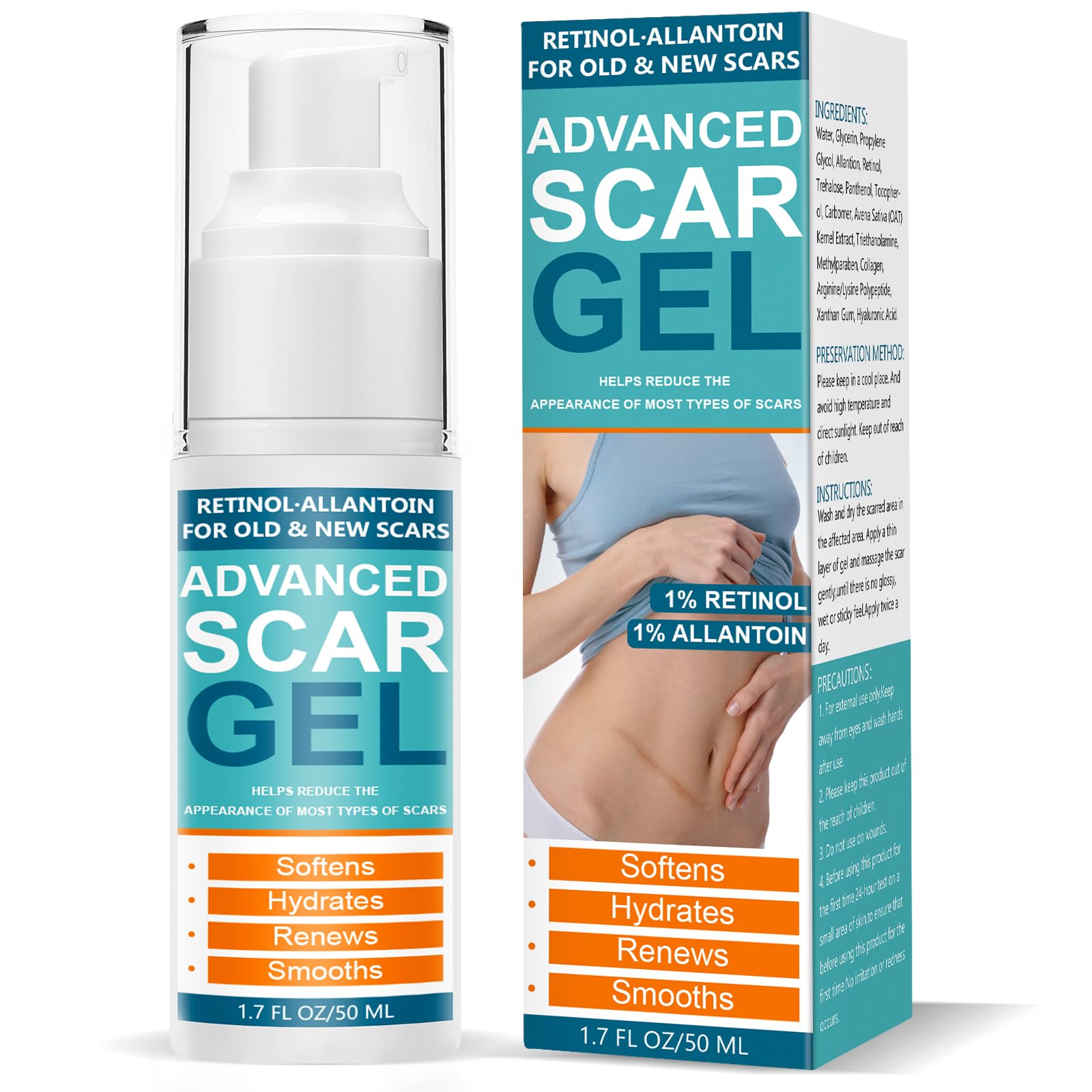 Scar Cream, Silicone Scar Gel-Advanced Repairing New Old Scars for Surgical Scars, Stretch Marks, Burn, Keloid, C-Section, Acne, Injury, Hypertrophic Treatment, 1.76oz-v