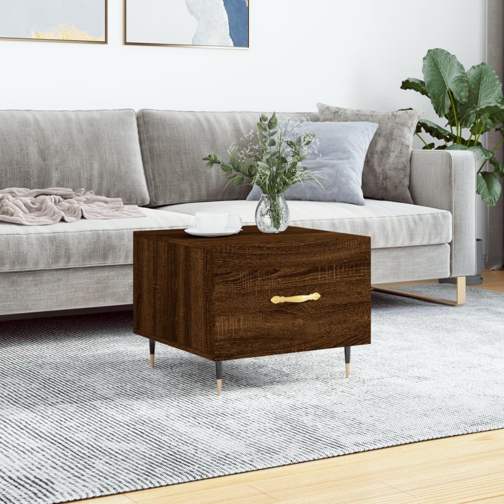Mesa de centro marrón efecto roble 50 x 50 x 40 cm de material de madera con patas de hierro, elegante mesa auxiliar para salón, dormitorio y pasillo, tablero robusto con cajón para espacio de