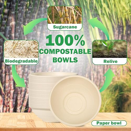 Miniatura 6 de Cuencos de papel grandes desechables de 32 onzas, paquete de 50 cuencos resistentes para sopa caliente, cuencos compostables biodegradables, cuencos