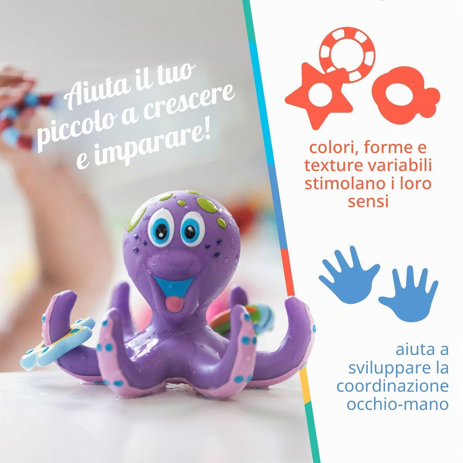Nuby - Giocattolo da bagno per bebè - Piovra interattiva galleggiante con anelli da bagno - Giocattolo che stimola la coordinazione occhio-mano dei più piccoli - Ideale dai 18 mesi in su