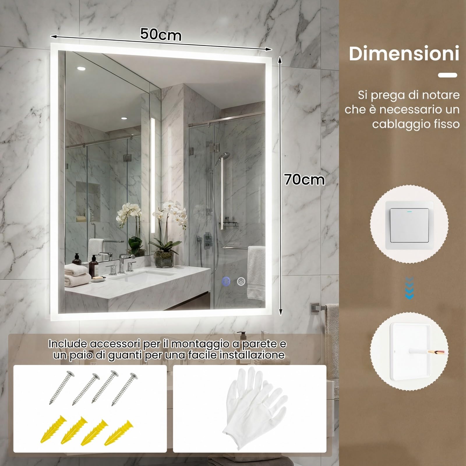 COSTWAY Specchio da Bagno LED 70 x 50 cm, Specchio da Parete Rettangolare con Anti-appannamento, Memoria, 3 Colori di Luce, Dimmerazione Continua e Vetro Temperato Infrangibile (70 x 50 x 3 cm)