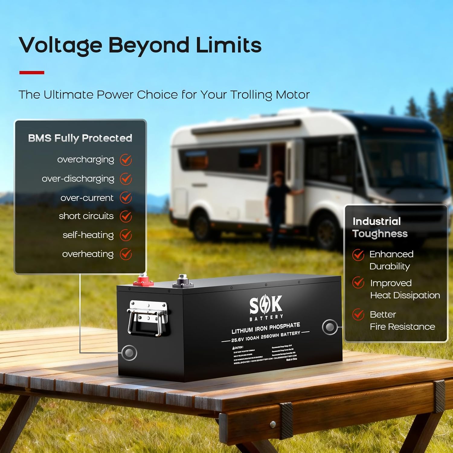 SOK Battery 24 Volt 100Ah LiFePO4 Lithium Battery with Bluetooth, Smart BMS, 8000+ Cycles for RV, Solar, Trailer, Trolling Motors