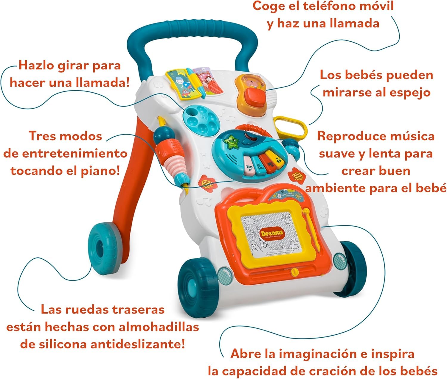 Correpasillos Bebé, Andador Bebé primeros pasos. Ruedas con velocidad regulable. Contiene instrumento musical, Pizarra y juguetes, a partir de 12M+ (BLANCO) — view 3