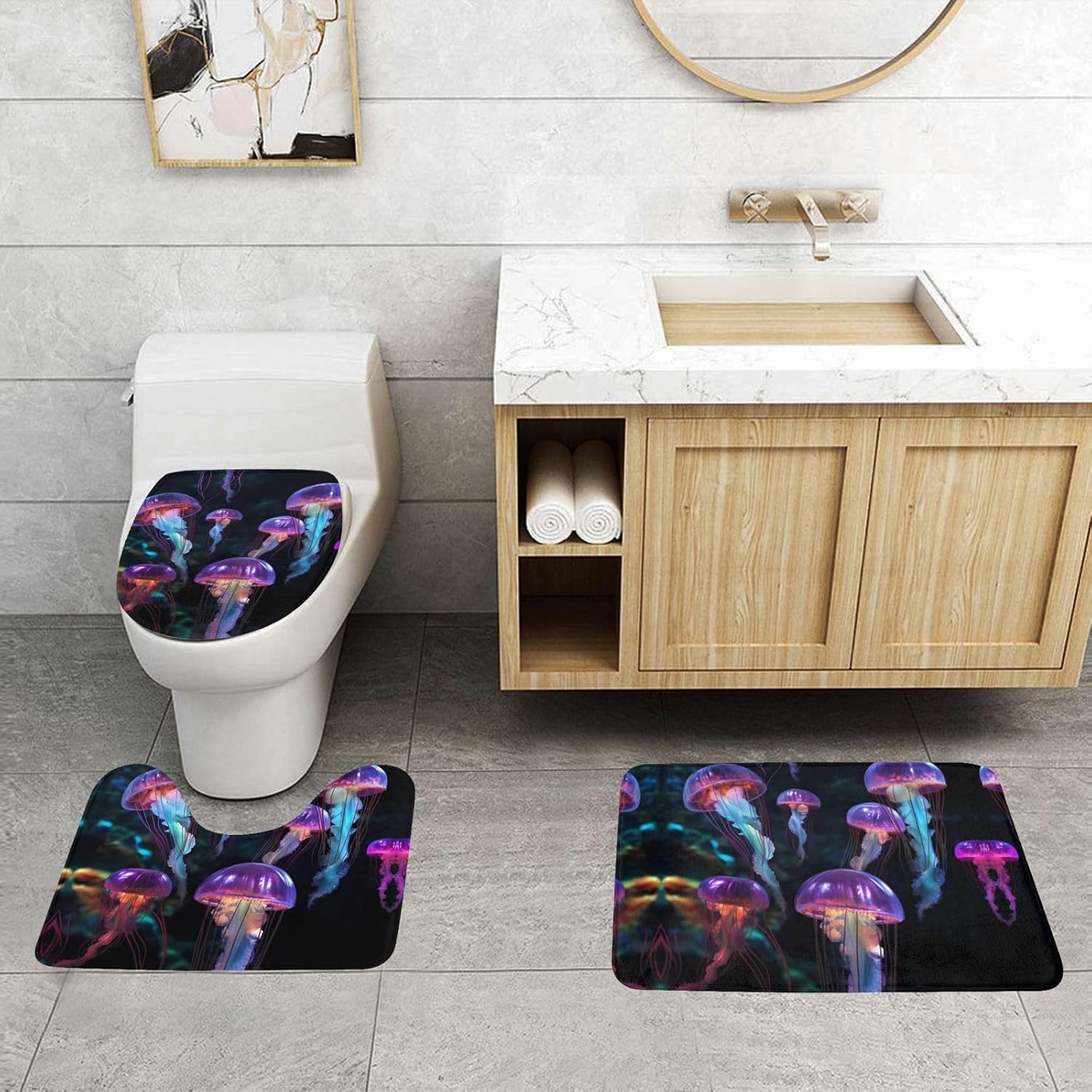 JCAKES Color Jellyfish Print 3 Piece Bathroom Rugs Set Non-Slip Washable Cover Floor Rug Decorations for Kitchen Bathroom Bedroom
