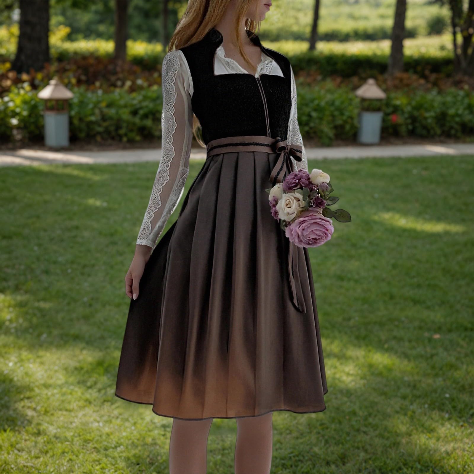 Gonna estiva da donna per Oktoberfest, stile bohémien, con motivo floreale, vita alta, elasticizzata, casual, per il tempo libero, vestibilità ampia, gonna a pieghe
