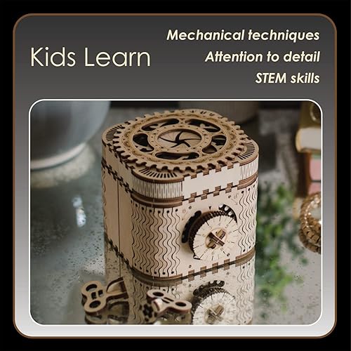 Miniatura 4 de MindWare Gearjits: Treasure Box - Rompecabezas de construcción 3D de madera de 158 piezas para adolescentes y adultos - Modelo de construcción de