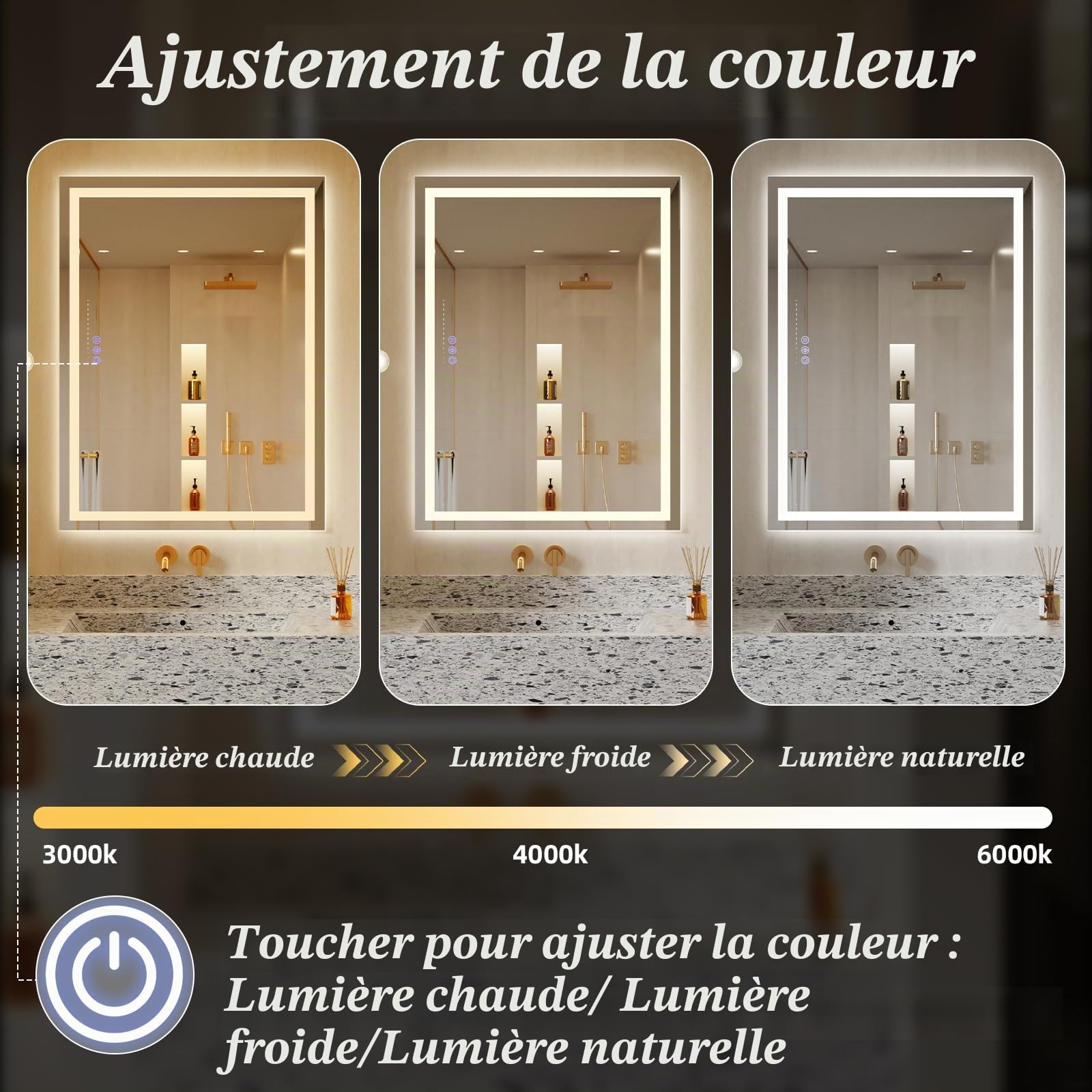 Koonmi 120x90 cm Miroir de Salle de Bain LED - 3 Modes d'éclairage réglables, Miroir de Salle de Bain Intelligent avec éclairage Avant et arrière, Fonction mémoire, Montage Mural Horizontal et
