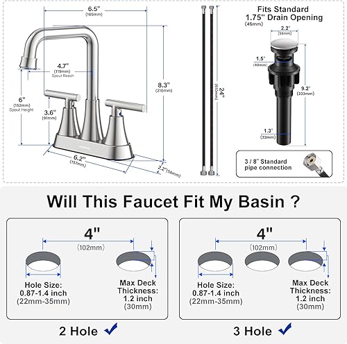 Miniatura 2 de Grifo para lavabo de baño, de níquel cepillado de 4 pulgadas, 3 agujeros con drenaje emergente y líneas de suministro, grifo central de acero