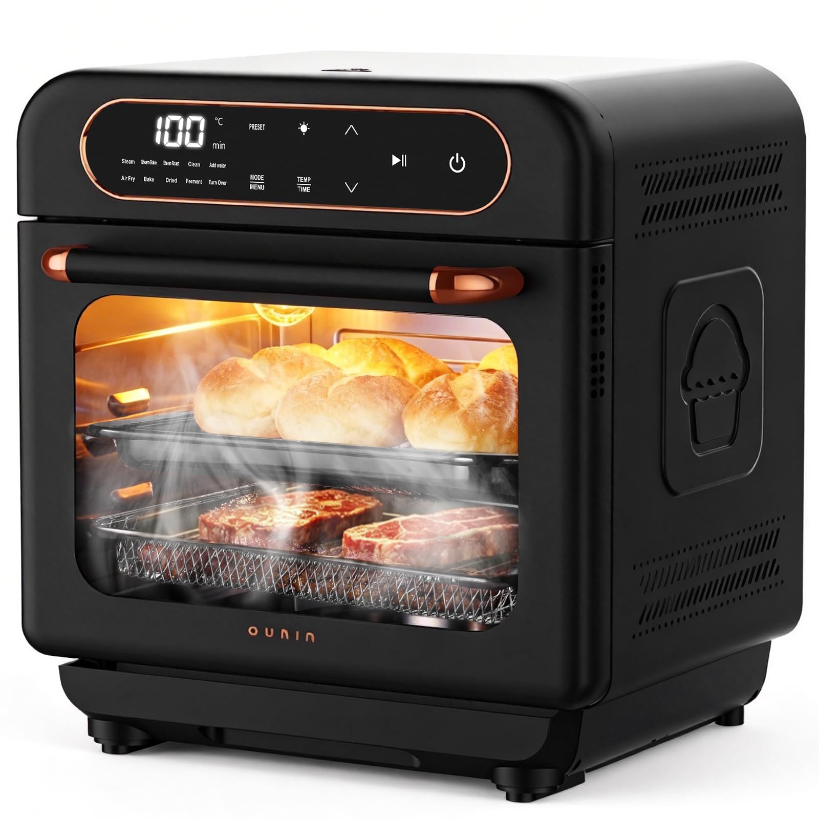OUNIN 12L Multifunktionsbackofen, 8-in-1 Dampfbackofen und Heißluftfritteuse, Zweigaren, 360° Umluft, 1100W, Geeignet für Schweinehaxe, Bratwurst, Brathähnchen, Brotbacken, Fleisch und Gemüsedämpfen
