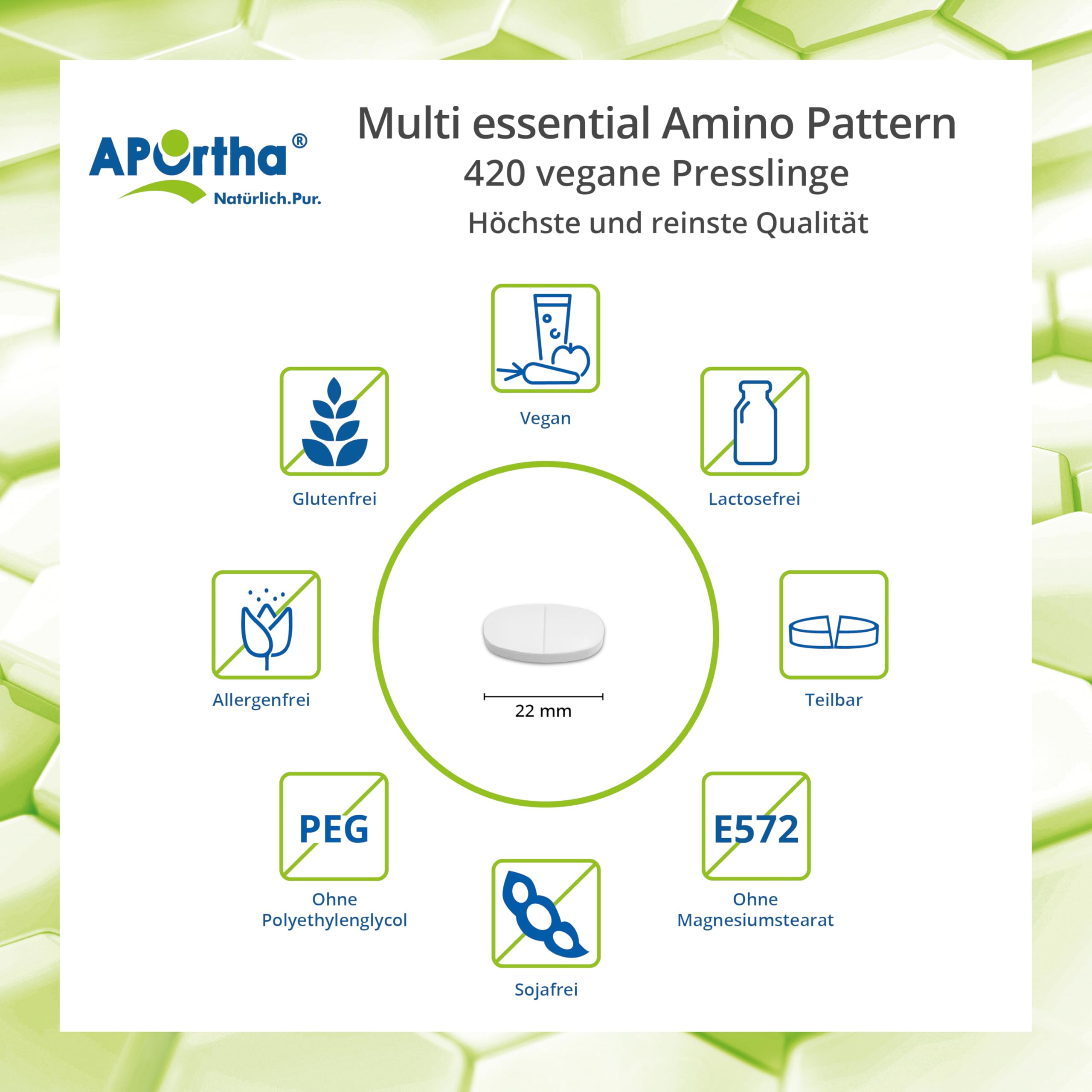APOrtha® Amino Pattern Presslinge – 420 Presslinge mit 8 essentiellen Aminosäuren nach Prof. Dr. Lucà-Moretti, ausgewogenes Aminosäuren-Profil, EAA Presslinge, vegan