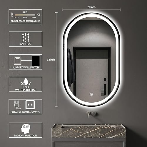 Miniatura 6 de Espejo de baño LED ovalado, espejo de tocador iluminado de 33 x 20 pulgadas con marco de metal, espejo inteligente impermeable IP66 antivaho con