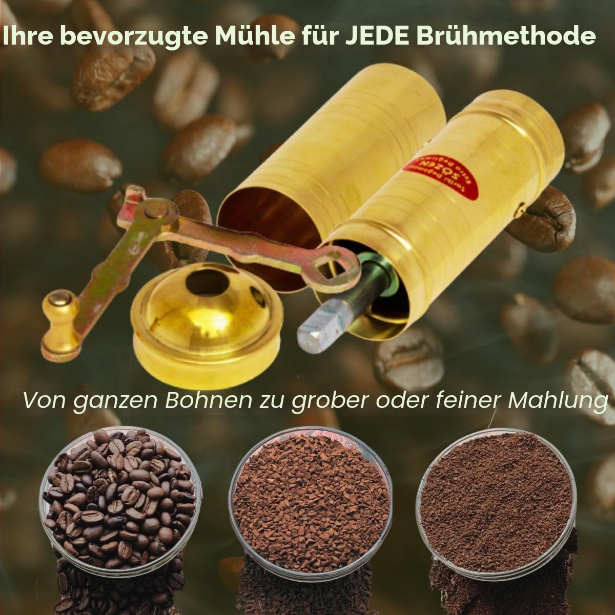 Manuelle Kaffeemühle, 22.9 cm, handgefertigt, Messing, manuelle Bohnenmühle mit verstellbarer Handkurbel, stabiles Design, Stahl-Frässtifte für ultrafeines Mahlen, tragbare Mühle, Sozen