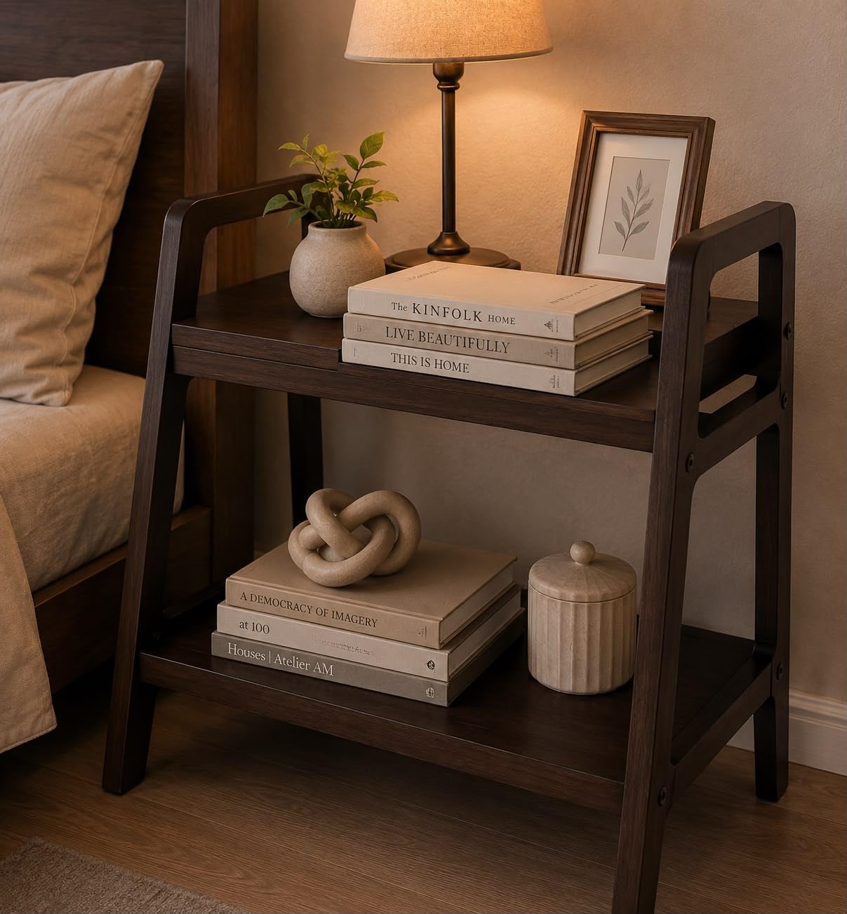 Dreamy design Bedside Table for Bedroom | 2-Tier Ladder Accent Acacia Wooden | Modern Nightstand End Table, Coffee Table & Organizer Stand for Living Room, Bedroom & Home Décor-image-16