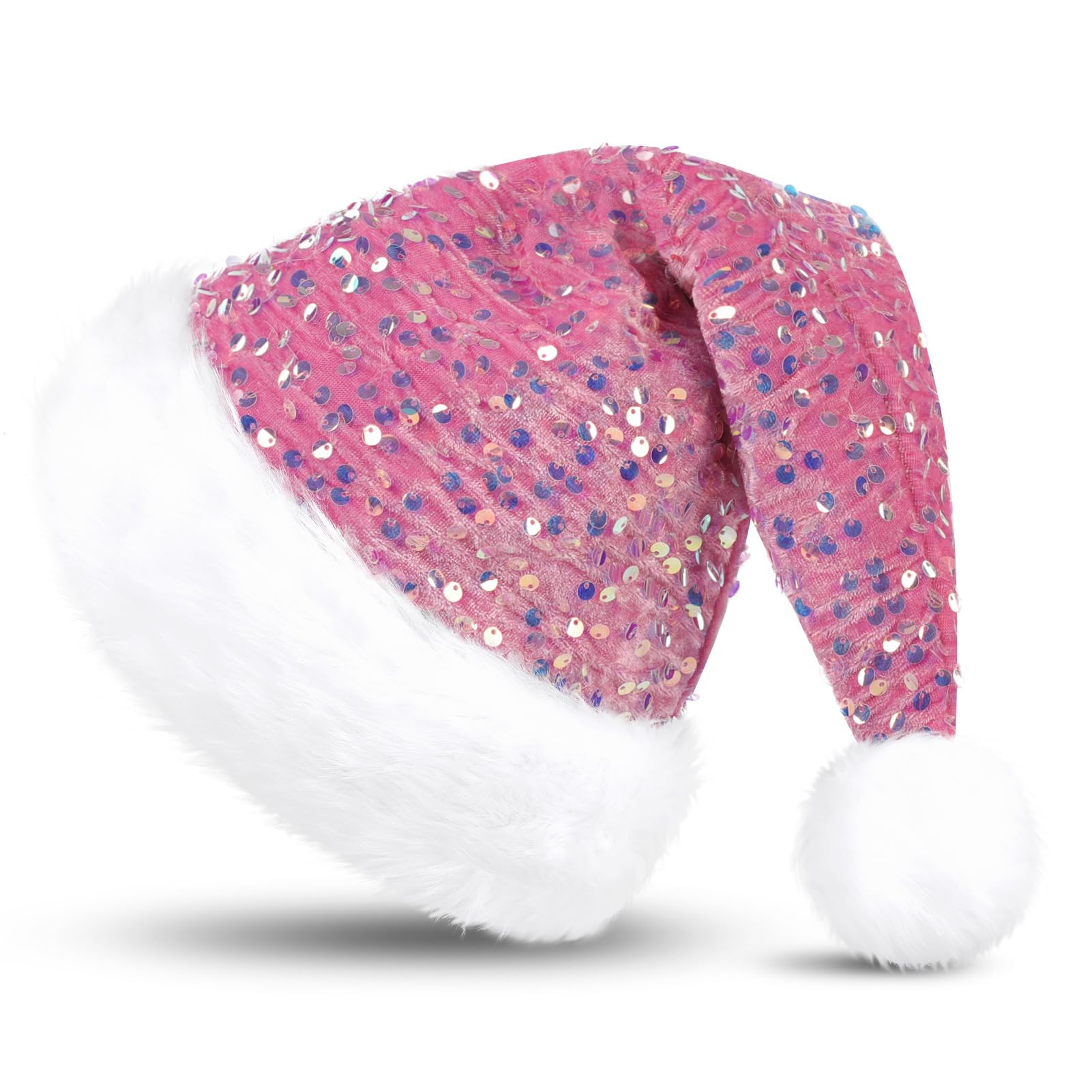 KONVINIT Rosa Weihnachtsmütze Erwachsene Nikolausmütze Weihnachtsmann Mütze Santa Claus Mütze mit Glitzer Pailletten und Plüsch Rand für Festliche Weihnachtsfeier Tannenbaum,rosa