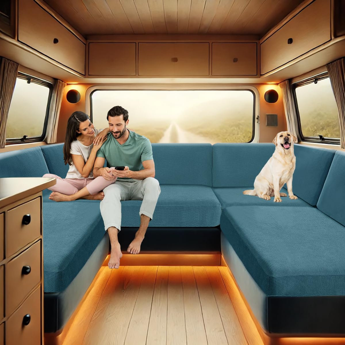 ZYBSLCSY Rv Dinette Cushions Covers, Stretch Jacquard Caravan Seat Covers with 2 Straps, Sofa Seat Cushion Cover for Camper Car Bench (Blue,2 Seater)