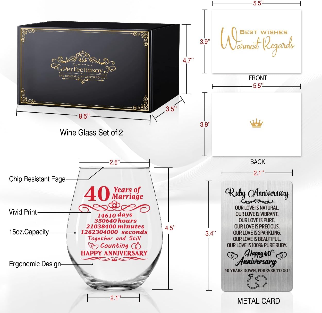 Perfectinsoy 40 Years of Marriage Wine Glasses Set of 2 with Metallic Memorial Card, 40th Birthday Wedding Gifts for Mom, Dad, Wife, Soulmate, Couple, Funny 40 Years Milestone Gift, Wedding Gift - Image 2