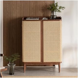 Pooja Art Enterprises Solid Wooden Cane Shoe Rack Cabinet Storage with 2 Door & Shelf Storage for Entryway, Living Room, B... Price In India