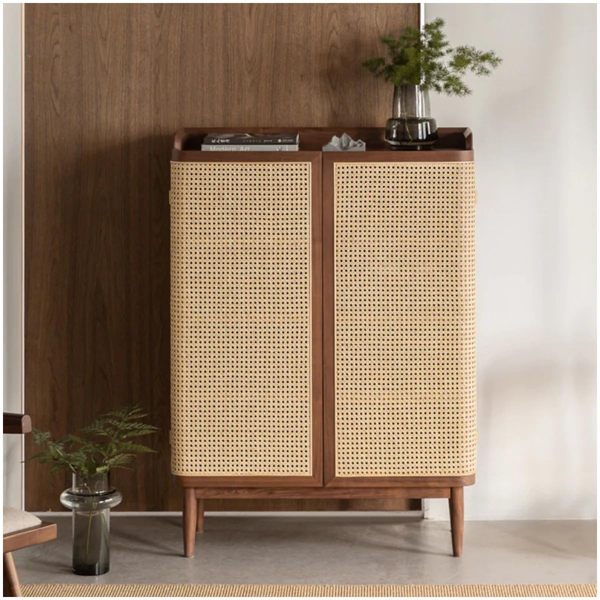 Pooja Art Enterprises Solid Wooden Cane Shoe Rack Cabinet Storage with 2 Door & Shelf Storage for Entryway, Living Room, Balcony & Home, Brown Finish, Rattan Cabinet (84 L x 35.5 W x 117 H CM)