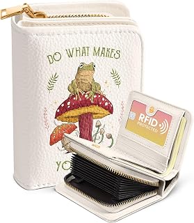 Bistup 16 Slots RFID Credit Card Holder Wallet for Women, Frog Mushroom | ID Window, Cash Slot, Coin Pocket, Zipper, Accordion Design, Leather, Cute Prints, Small Purse Fit, Daily Travel
