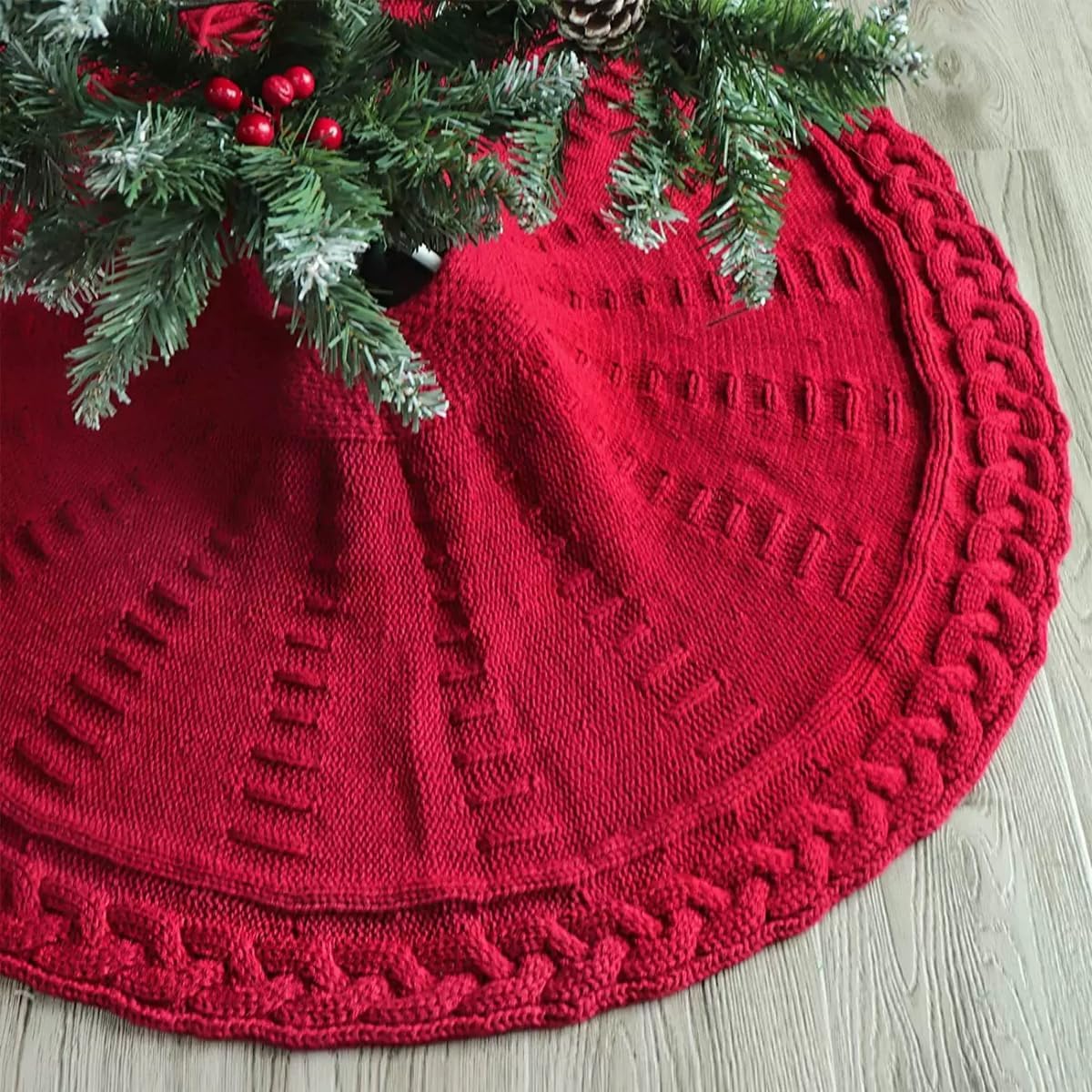 48 Inch Dark Red Knitted Christmas Maroon Tree Skirt， Large Xmas Tree Skirts Round Base for Vintage Tree Skirts, Rustic Farmhouse Decorations，for 6-8FT Tree Christmas Treer Burgundy Tree Skirt (48in)