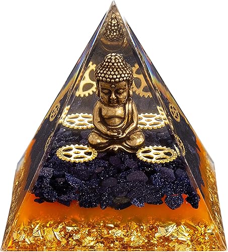 FENGSHUI-CAISHEN Estatua de Little Buddha en pirámide de organita de cristal curativo, piedra arenisca azul con figura de Buda bebé, decoración de