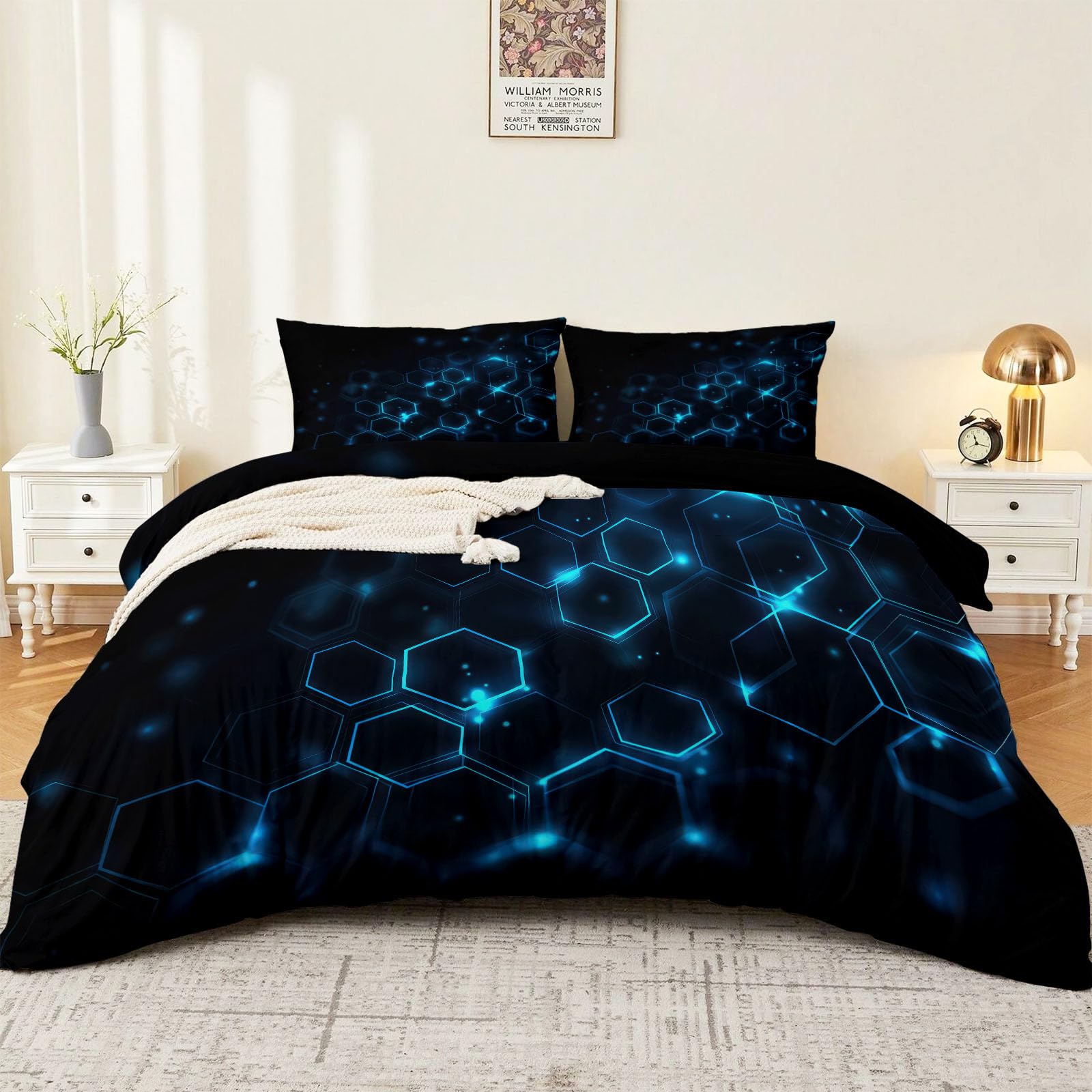 Czarny 230 x 220 cm oddychający zestaw poszewek na kołdrę, abstrakcyjna geometryczna linia, sześciokąt, miękka, łatwa w pielęgnacji poszewka na kołdrę z mikrofibry, minimalistyczny zestaw pościeli