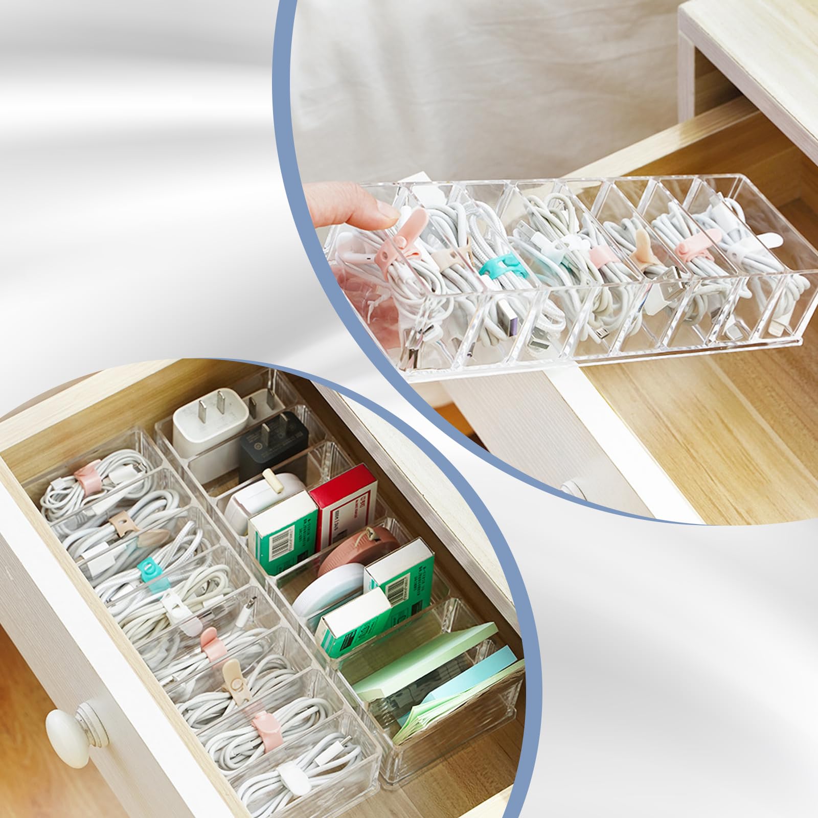 2 Pezzi Scatola Portaoggetti per Cavi, Trasparente Organizer con 8 Scomparti per Famiglia Iscrivania Ufficio Cassetti, 20 Fascette & Etichette Adesive