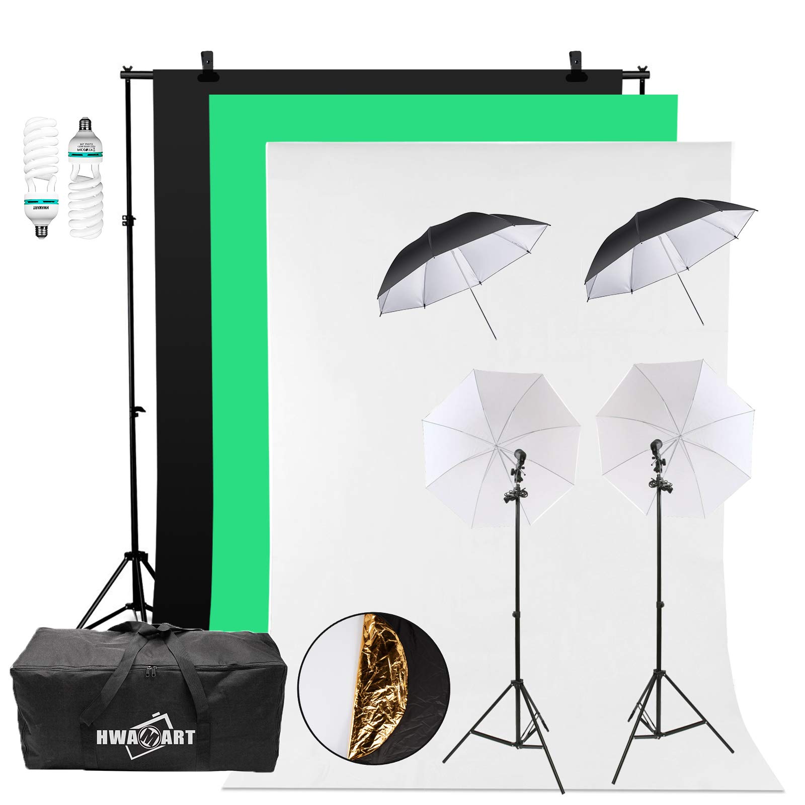 Support Système de Toile de Fond Photo Studio, Kit Eclairage Parapluie Complet avec Fond Vert Noir Blanc, 2x150W Ampoule CFL, Douille E27, Réflecteur Diffuseur, Parapluie Vidéo, Sac Trépieds