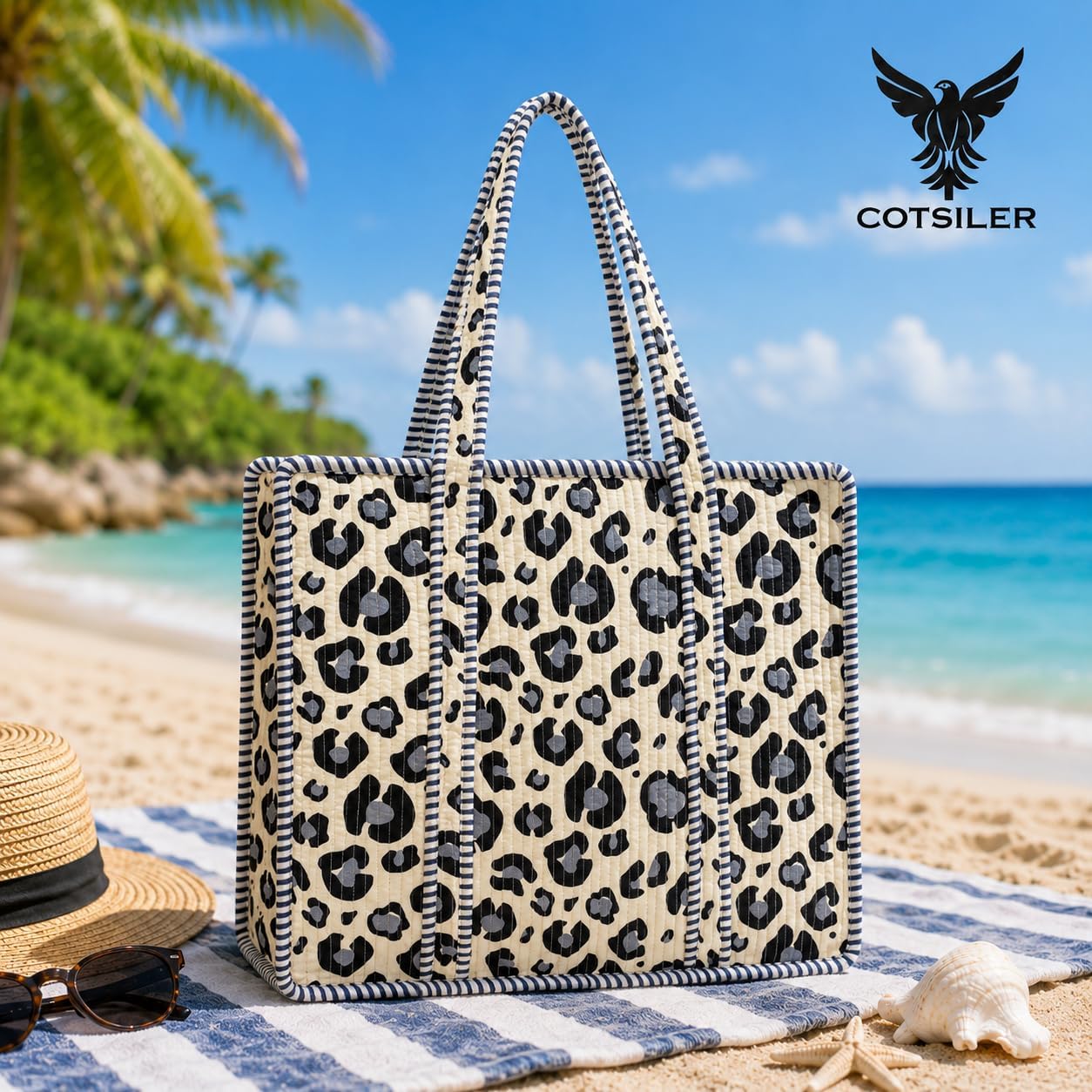 COTSILER 100% Cotton Quilted Tote Bag with Zipper Large Aesthetic Bohemian Block Print Travel Bag,Shoulder Purse & Beach Bag