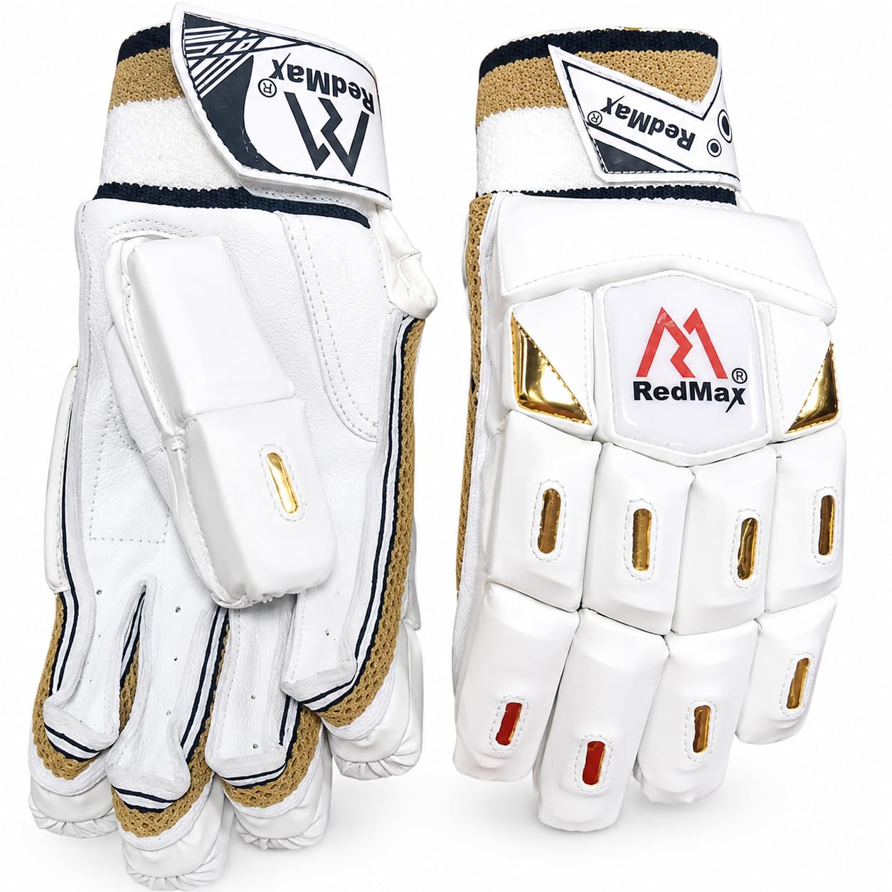 RedMax Premium Cricket Batting Gloves, White and Gold, Leather, High Density Foam Protection, Adjustable Wrist Strap-picture-10