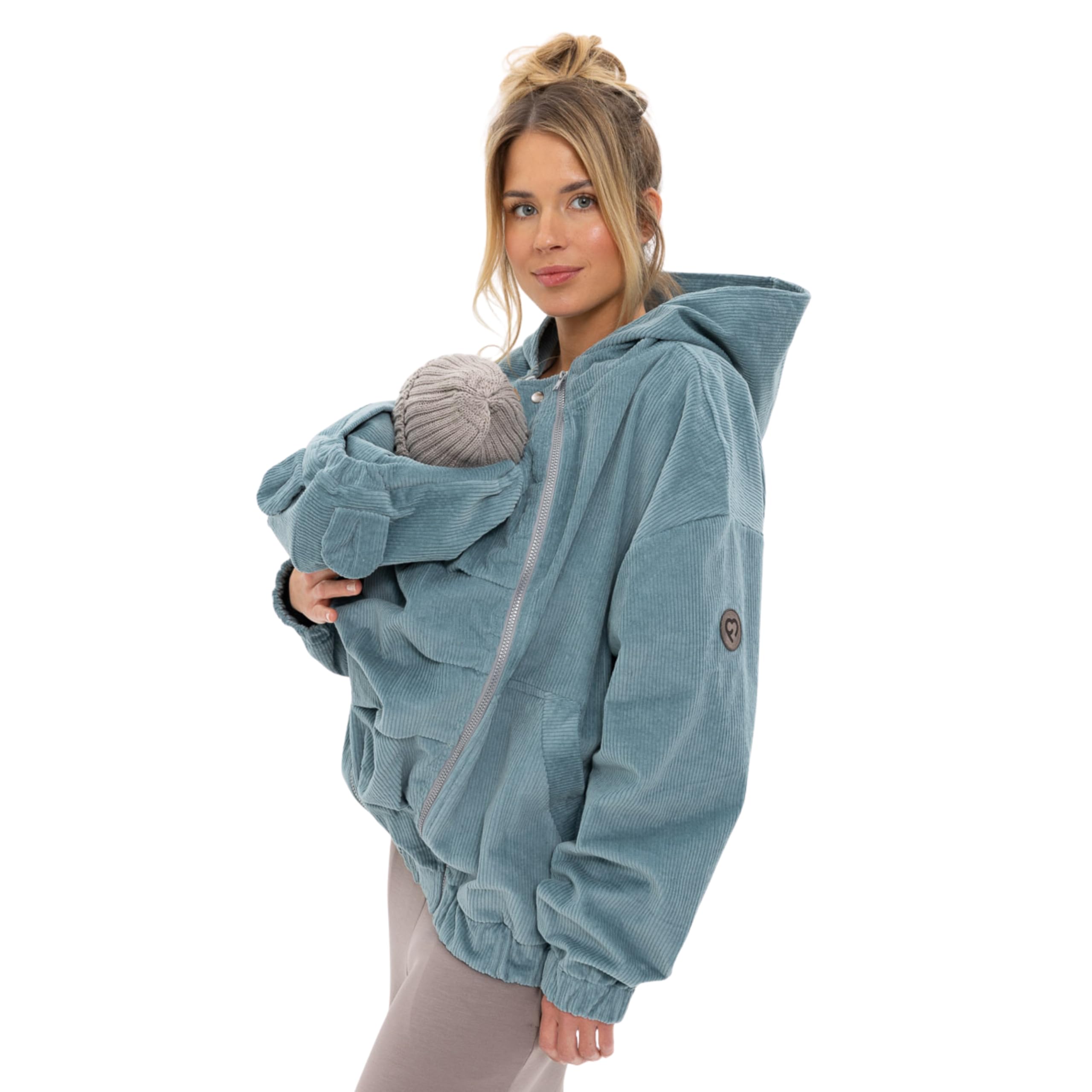 fun2bemum Cordjacke 3 in 1 Tragejacke Baby Umstandsjacke Oversize Herbstjacke für Mama mit Babytrage aus Baumwolle mit Einsatz (Standard, Aloe)