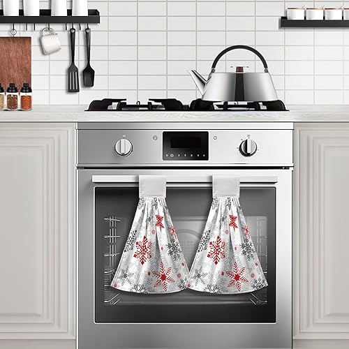 Vista 25 de Toallas de cocina colgantes con diseño de árbol de Navidad, color rojo y verde, toalla de mano de Navidad con lazo para colgar, toallas de cocina