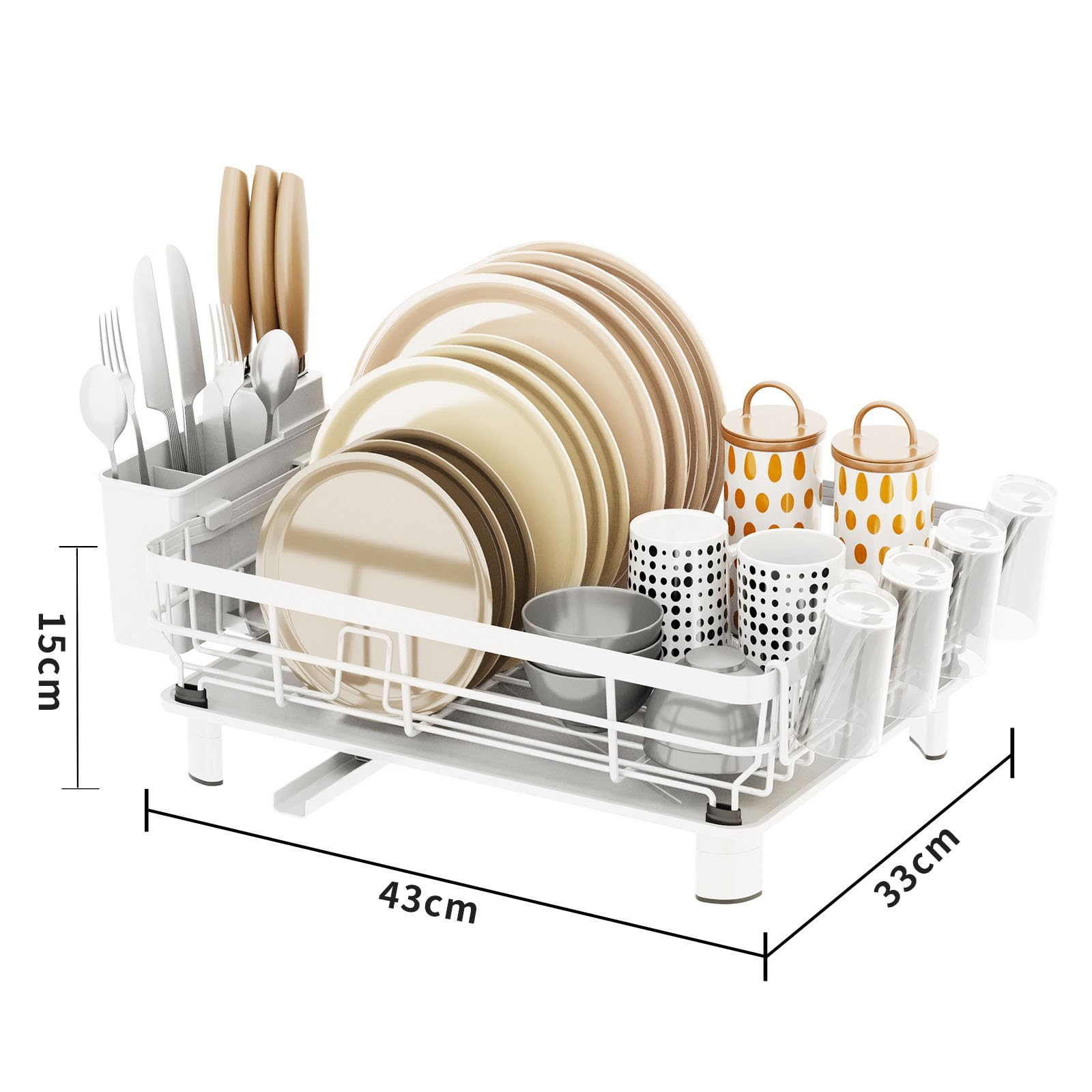 Escurridor de Vajilla de Un Solo Nivel para Encimera con Caja de Almacenamiento Lateral para Cuchillos y Cubiertos, para Platos Cuencos Tazas Vasos y Utensilios de Cocina,Gris