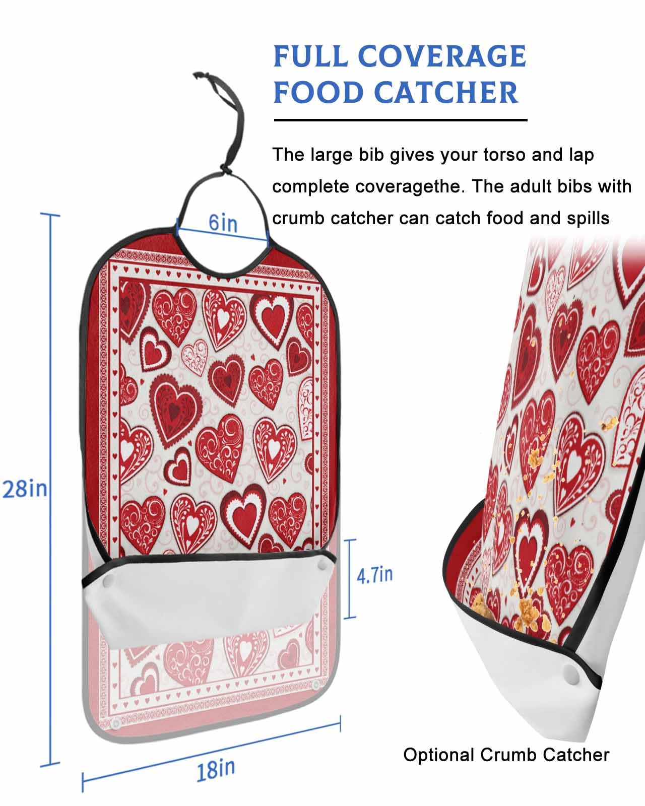 LEOKOTI Red Love Heart Valentines Day Adult Bibs for Eating, Waterproof Bibs with Food Catcher & Adjustable Snap Closure, Red Romantic Washable Clothing Protectors Adult Bibs for Elderly Women/Men