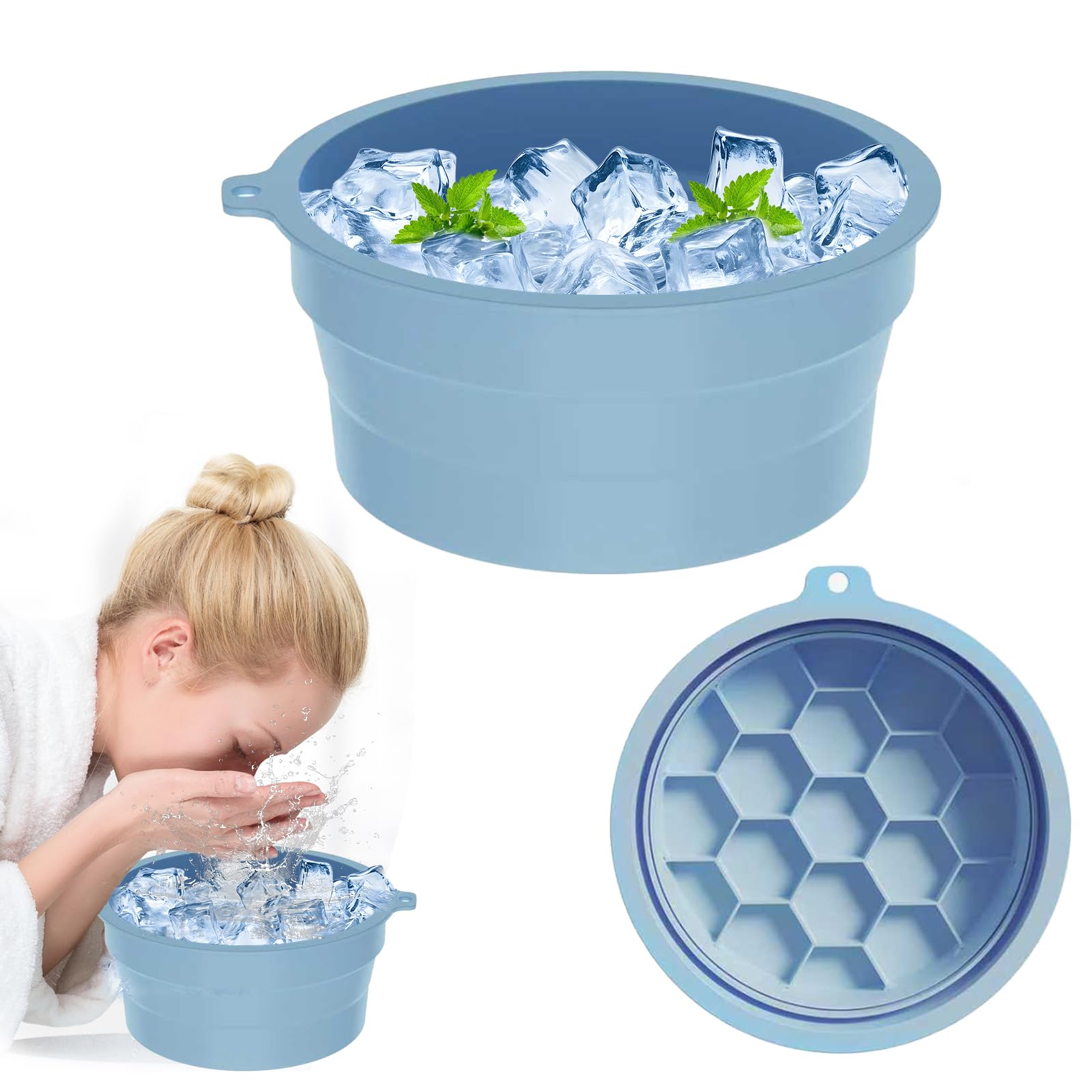 xocome Blue Silicone Face Ice Bowl, Foldable Ice Bath with Built-in Ice Tray