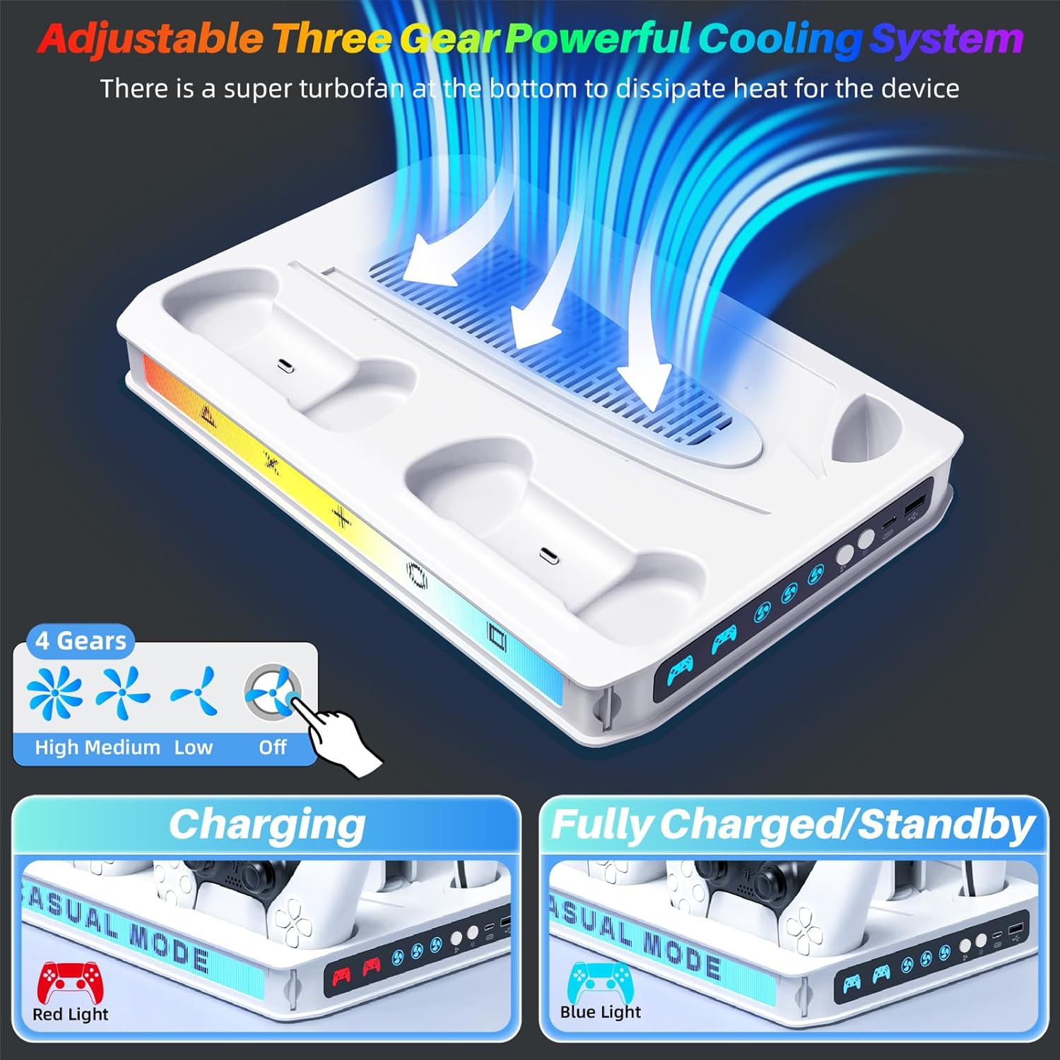 ZYTHRONE PS5/ Slim/Pro Cooling station with Fast Contoller Charger for PlayStation 5 Disc & Digital Console Stand, RGB Light, Quiet Cooling Fan, Headset Holder - Image 4