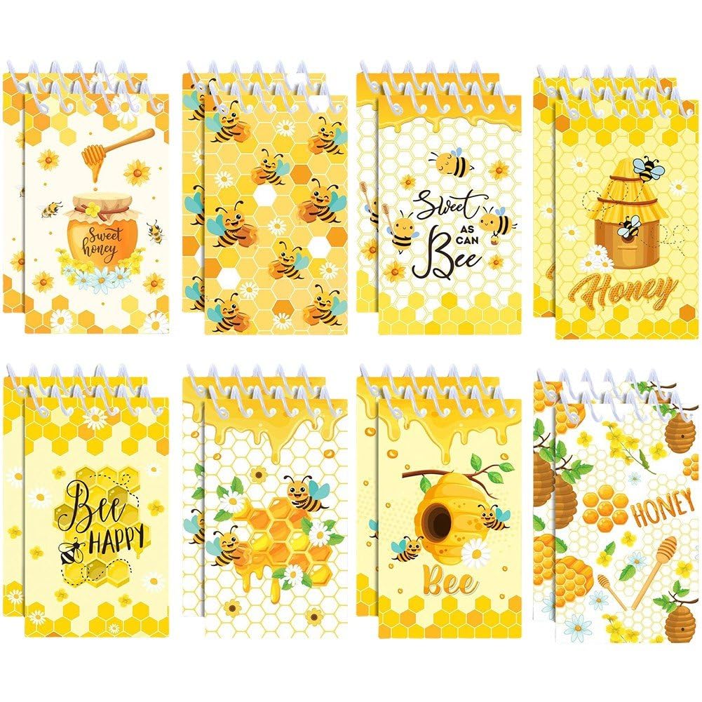 Ericetion Mini Notebook, 16 Pcs Spiral Small Notebooks Memo Note Pads, Honey Bee Themed Pocket Notepad for Office School Party Favor Gifts and Goodie Bags