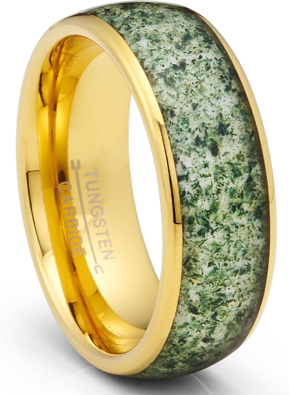 Metal Masters Gold Plated Tungsten Carbide Ring Mens Wedding Band Moss Agate Inlay 8MM Comfort-Fit