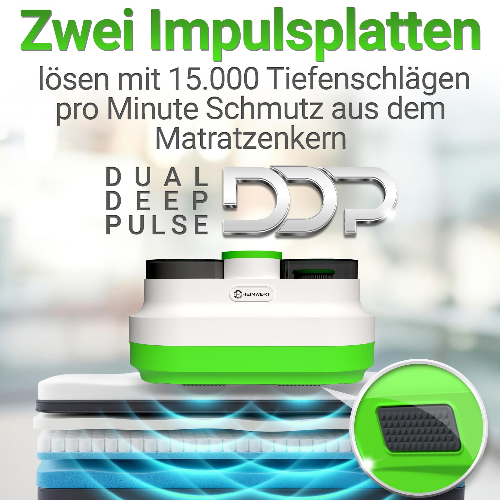 Heimwert – Milbensauger für Matratzen & Polster 99,9% | UV-C Licht & Tiefenvibration | 400W fasertiefe Reinigung mit HEPA-Filter | Matratzenreiniger gegen Milben, Bettwanzen & Allergene (Gerät)
