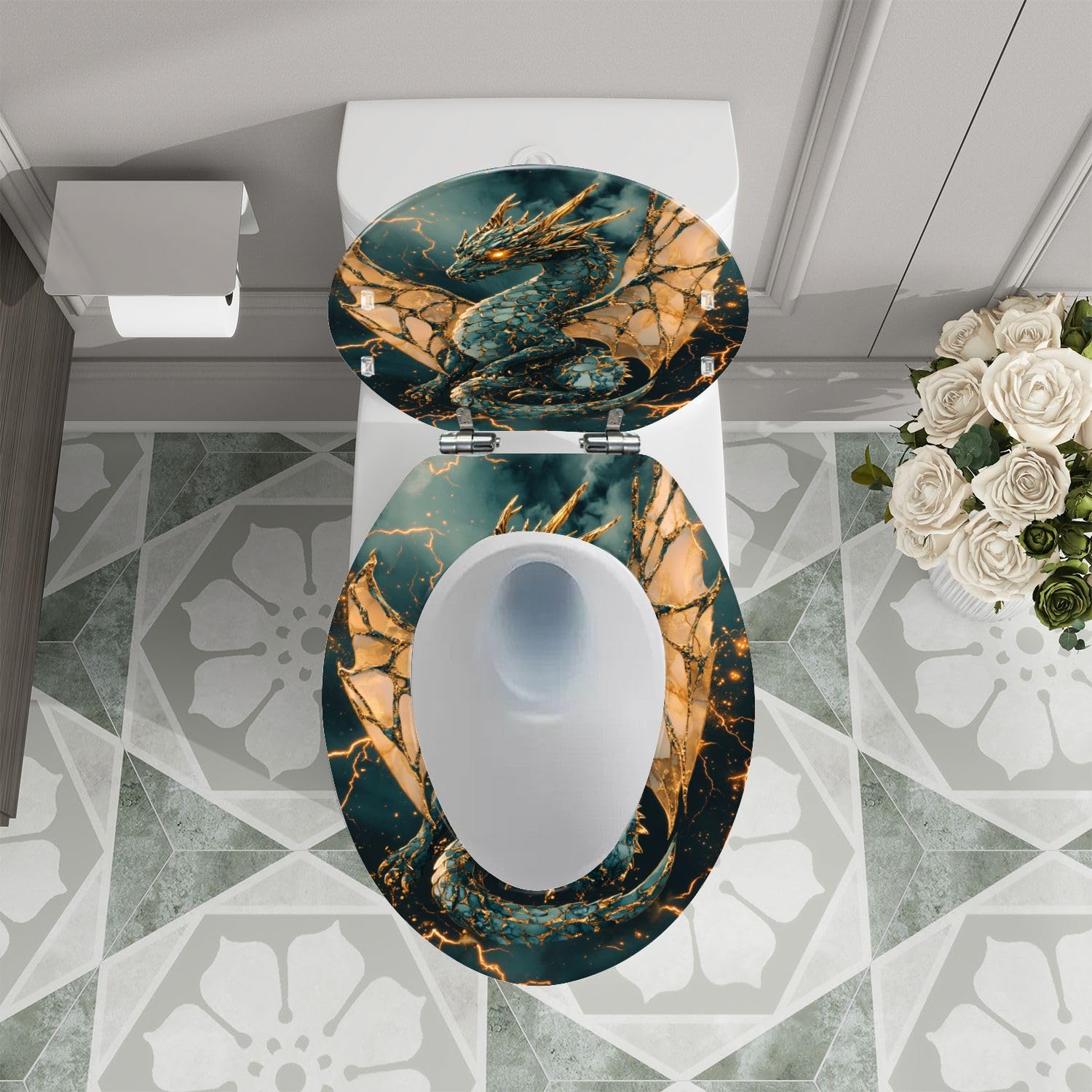 Asiento de inodoro alargado con de liberación rápida y cierre silencioso. Decoración para el baño.