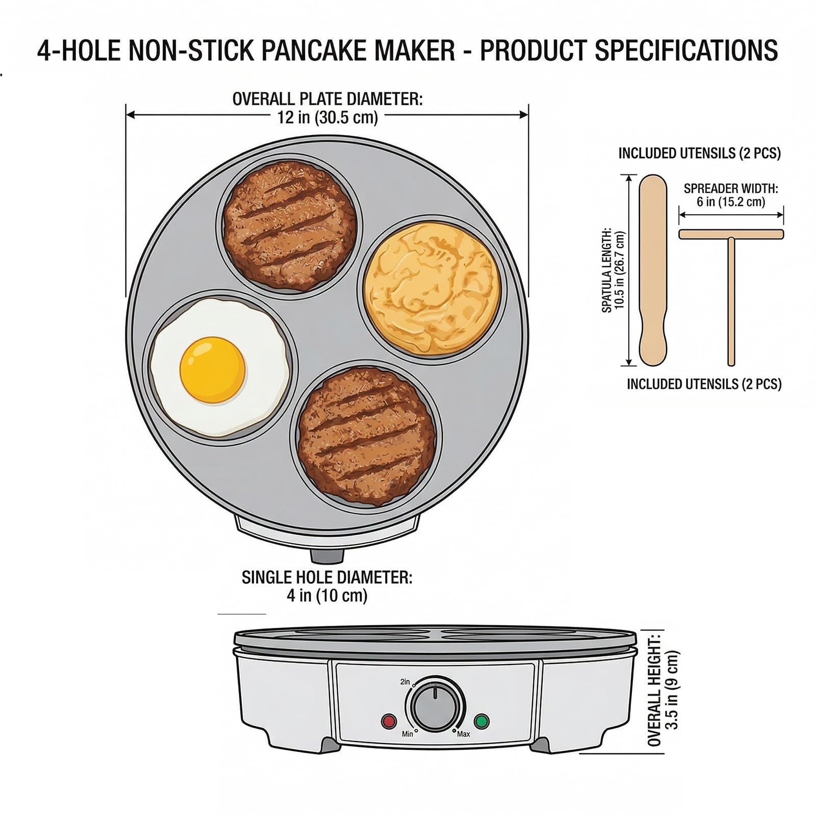 Crepera Electrica de 4 Huecos con Plancha Antiadherente Control de Temperatura 1200W Maquina de Tortitas para Pancakes Huevos Blinis Tortillas Maquina de Desayuno para Cocina Hogar