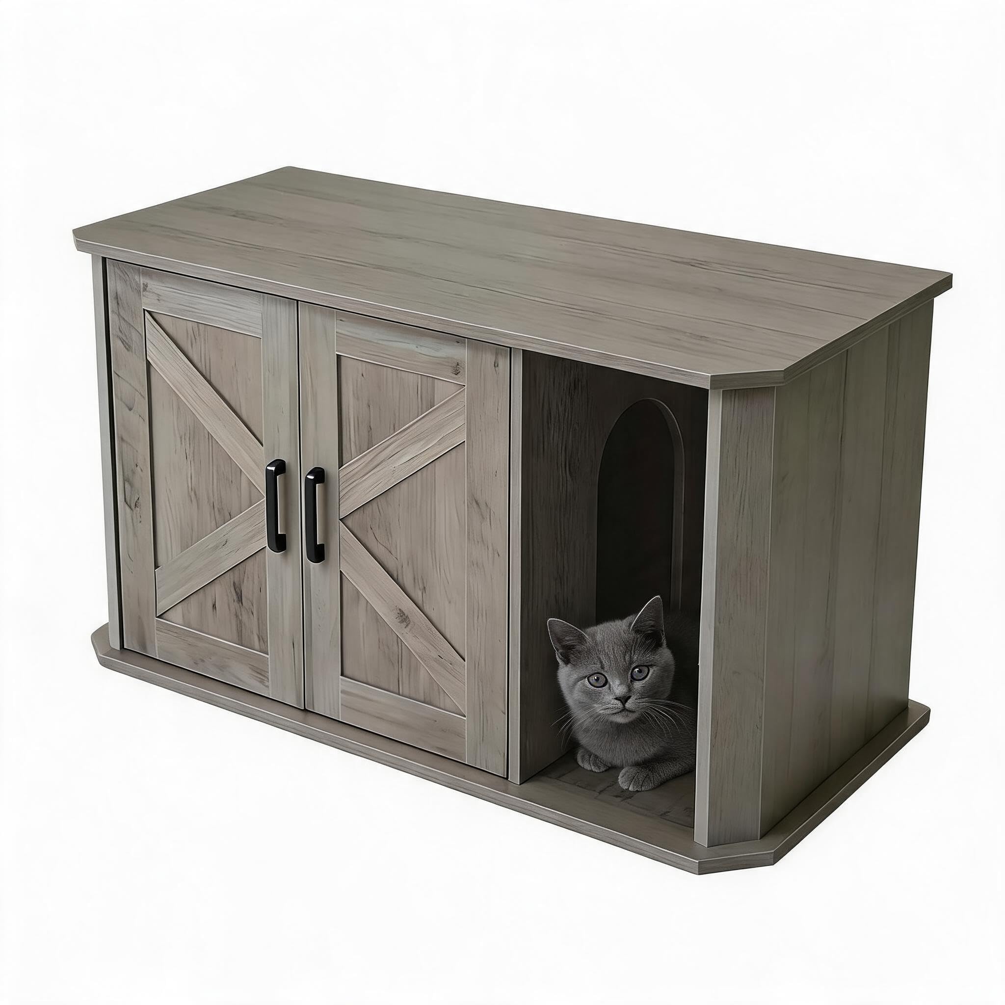 Modern Cat Litter Box Furniture Enclosure Hidden Cabinet with Double Doors and Side Entry Large Capacity Pet House End Table Easy to Clean for Living Room Bedroom