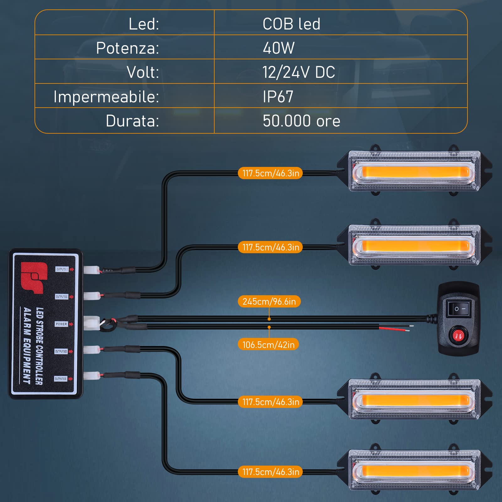 Dinfu 4 luci di penetrazione COB, 40 W, LED arancioni, lampeggianti, con 18 modalità stroboscopiche lampeggianti, per auto, trattore, auto, camion