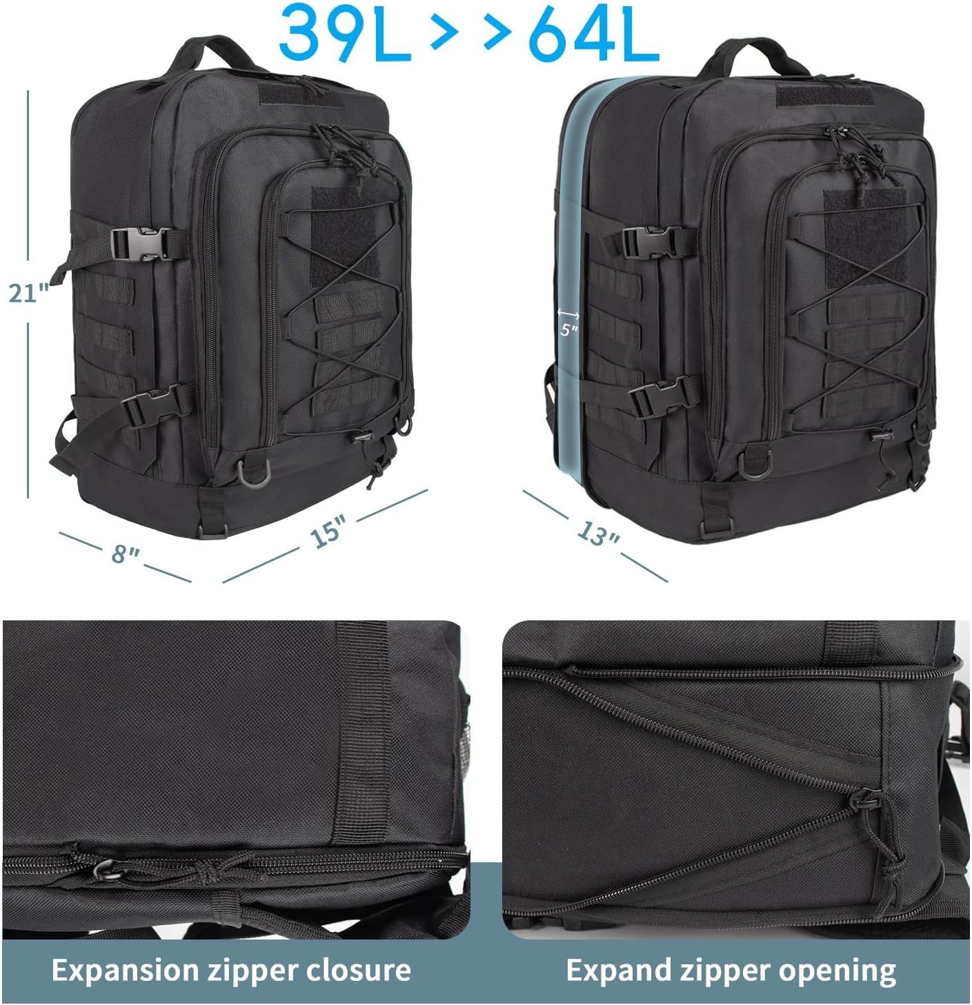 Large Expandable Tactical Backpack for Men Military Backpacks 40-64L 3 Day Assault Pack Molle Bag For Outdoor Adventures Car Travel Backpacks Black