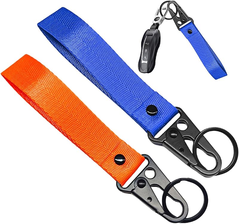2 PCS Motorcycle Keychain, Fabric Multifunctional Motorcycle Key Chain Holder, Anti-Lost Wrist Lanyard Key Chain (Blue+Orange)
