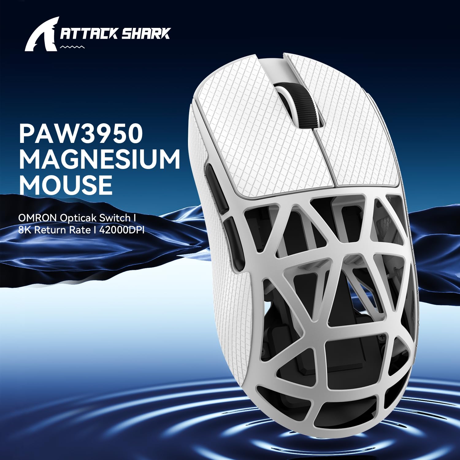 ATTACK SHARK R2 Bezprzewodowa mysz do gier ze stopu magnezu, czujnik PixArt PAW3950, 48 g Superlight, BT/2,4 G/przewodowa, regulowana DPI 42000, biała - Win11/Xbox/PS/Mac