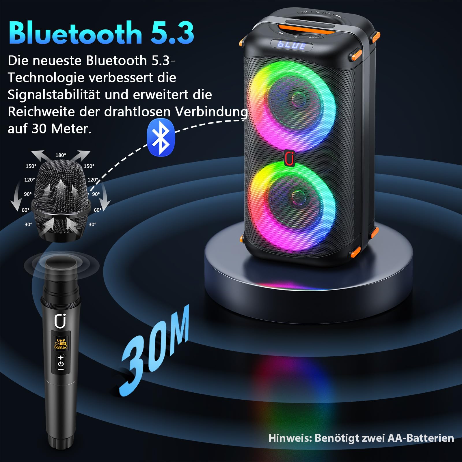 HWWR Karaoke Maschine mit 2 Mikrofonen, Tragbare PA Anlage mit Bluetooth 5.3, EQ Modi, RGB Licht, TWS, USB/TF/AUX, Karaoke Set für Erwachsene und Outdoor-Partys