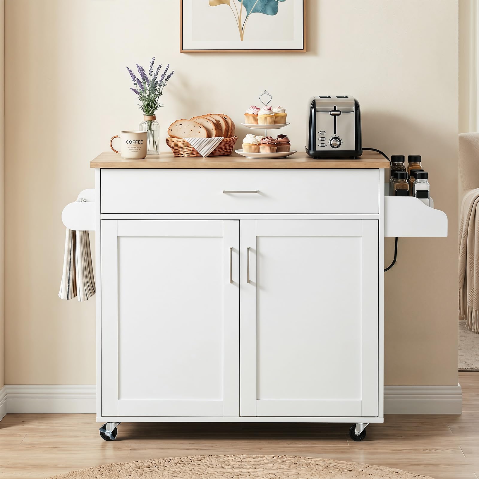 COSTWAY Carro de Servicio Comedor con Ruedas,Toallero,Cajón, Puerta y Estantes Gabinete, Carrito de Cocina con Alargador, Mueble de Cocina,Blanco