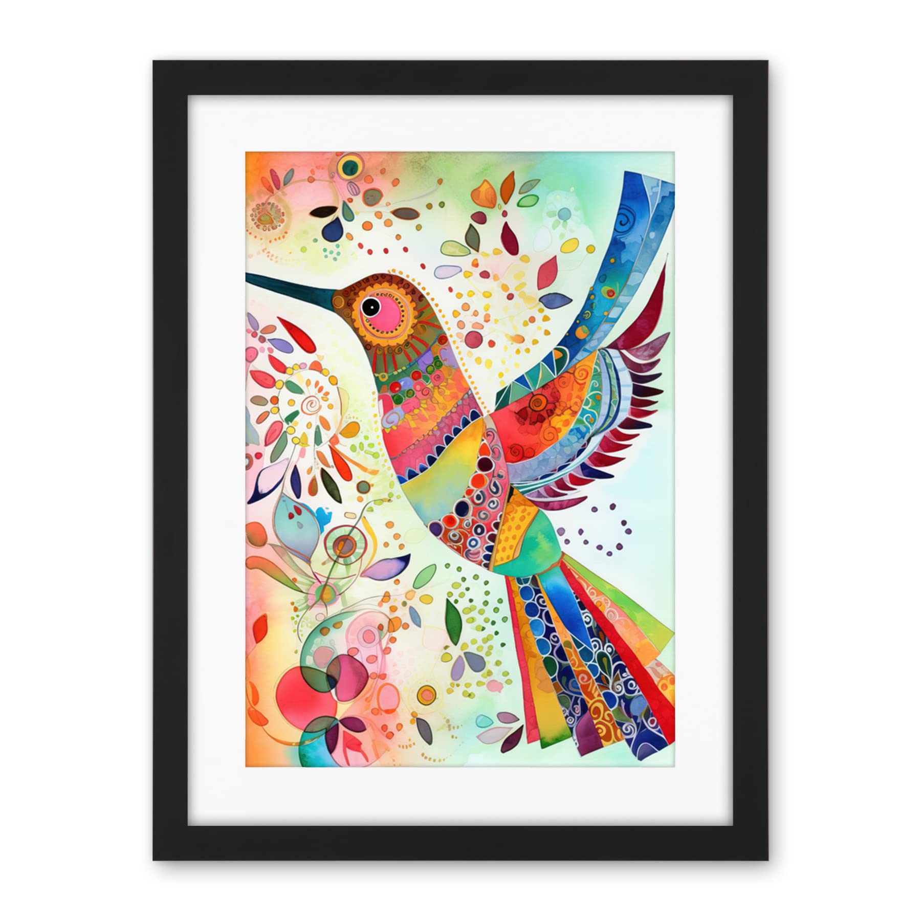 Artery8 Hummingbird With Multicolour Pattern Feathers Folk Art Watercolour Painting Artwork Framed Wall Art Print 18X24 Inch